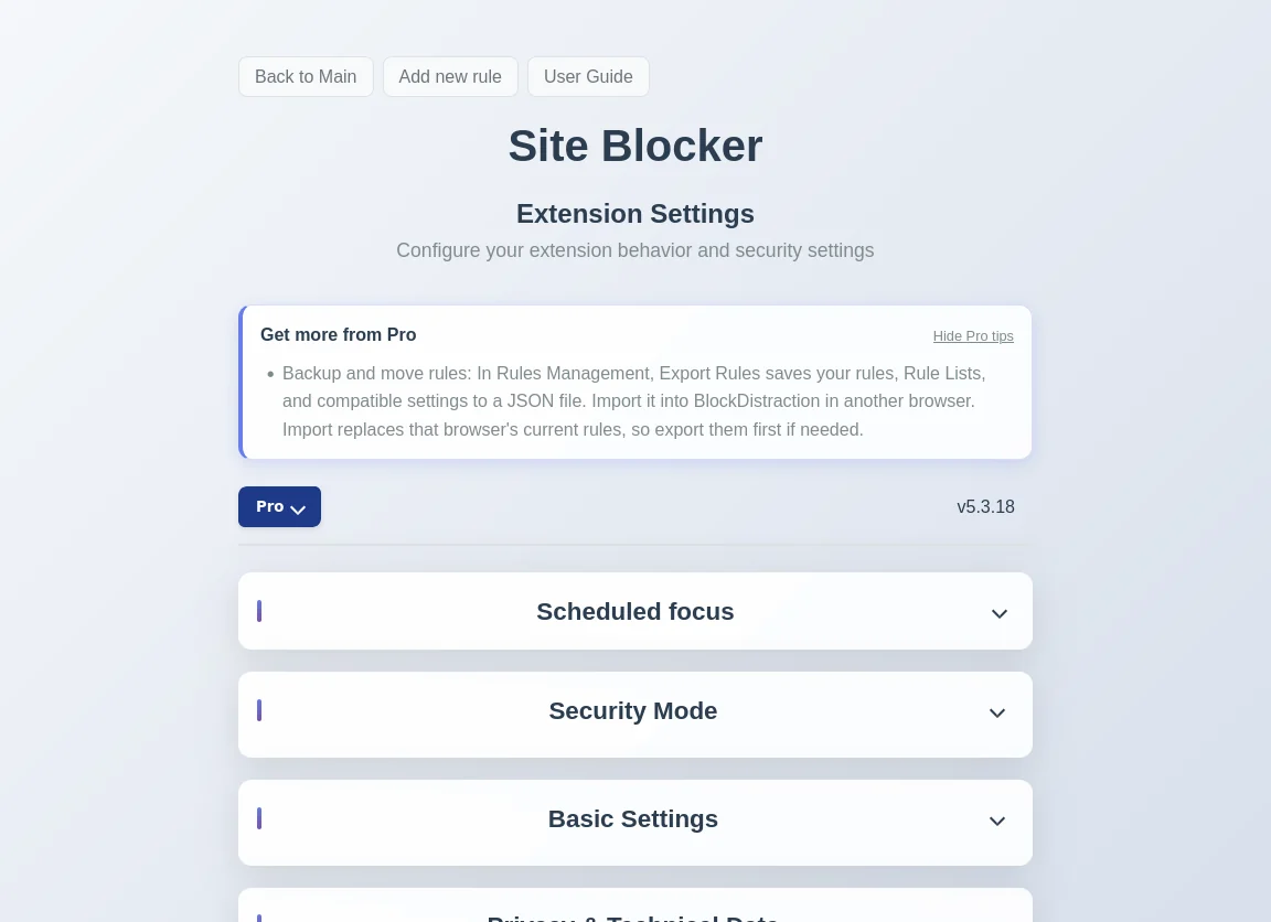 Firefox 5.3.18 extension settings with the Scheduled focus section above Security Mode